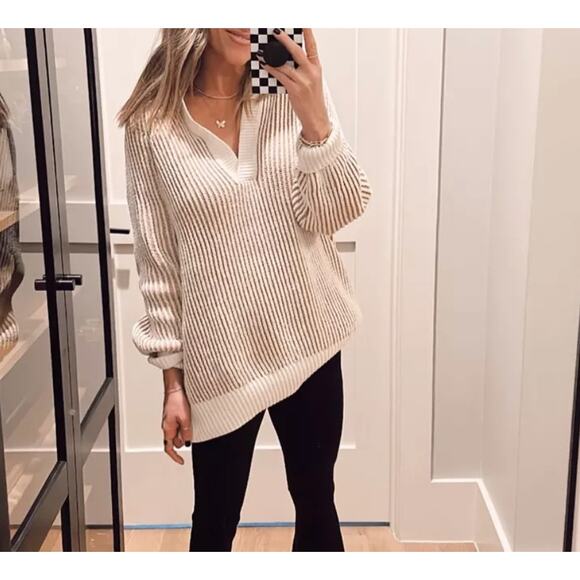 aerie Sweaters - Aerie Striped Knit Collared Sweater Oversized Pullover Tan Long Sleeve Small